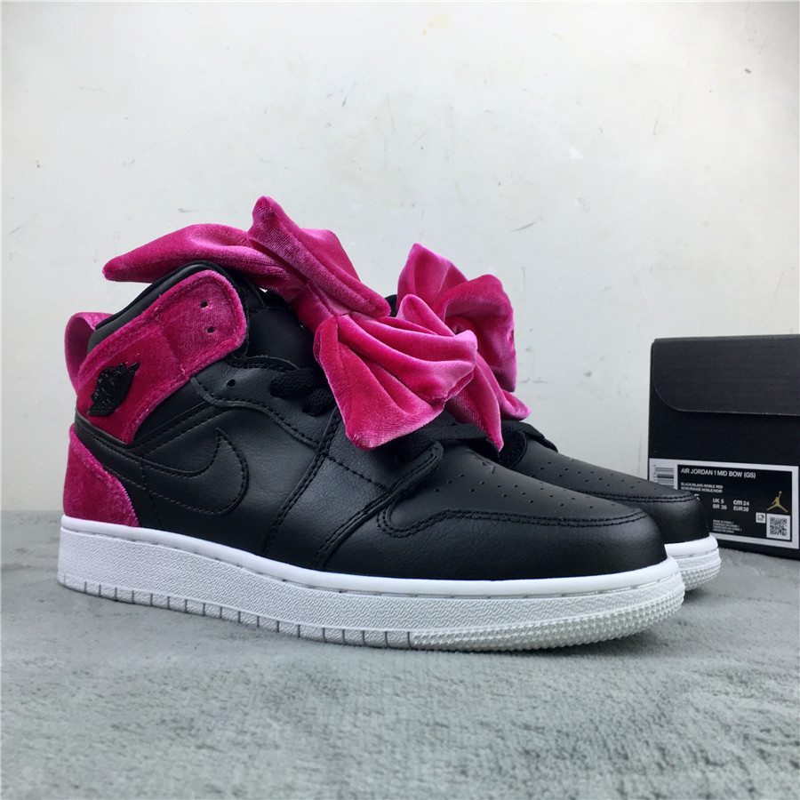 Women Air Jordan 1 Mid Bow Black Red Shoes - Click Image to Close